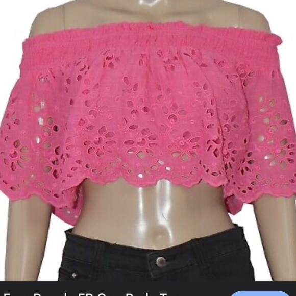 Free People Eyelet Off Shoulder Scalloped Crop Top NEW Boho Barbie Hippie Pink - Picture 4 of 7